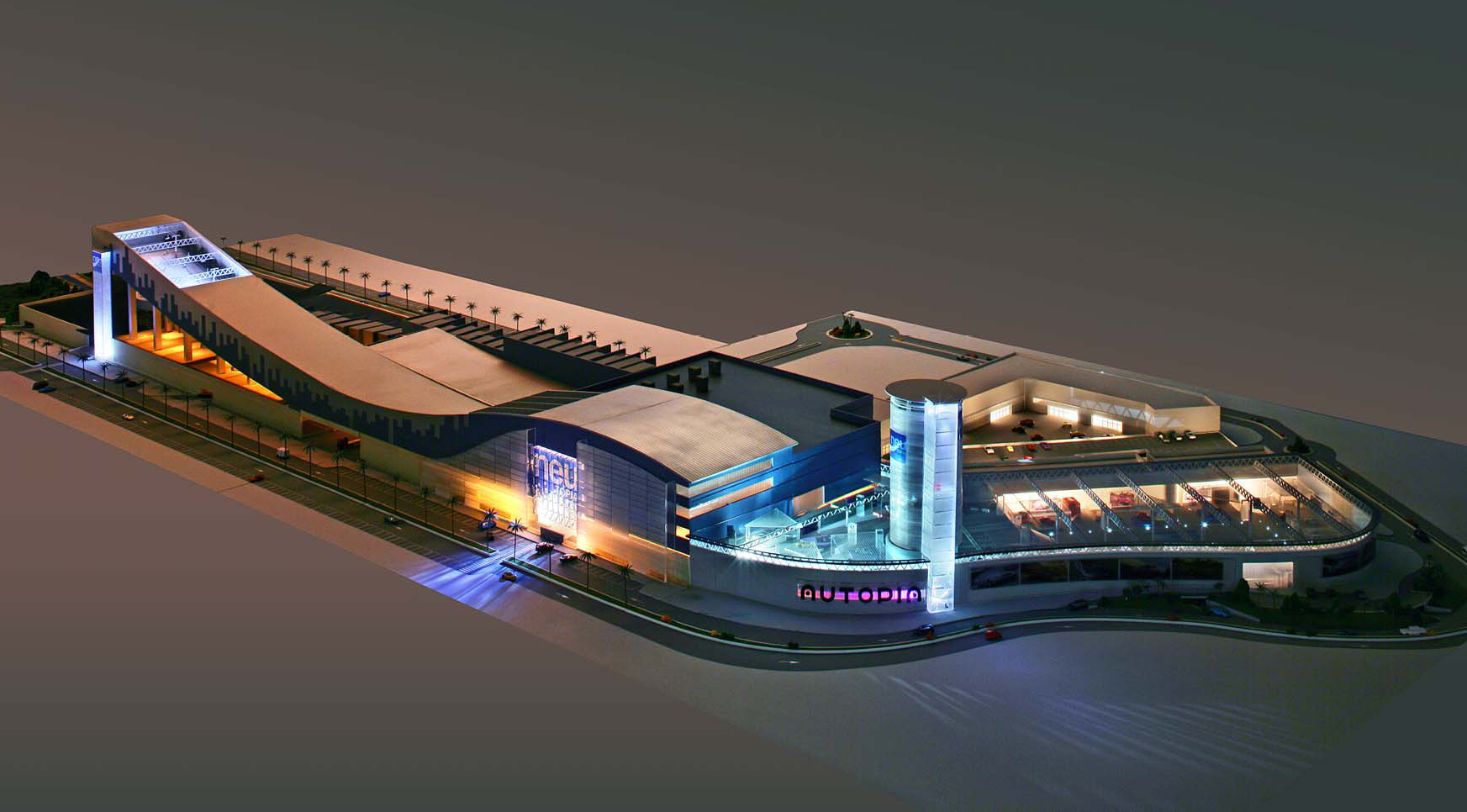 Maqueta de centro comercial iluminada
